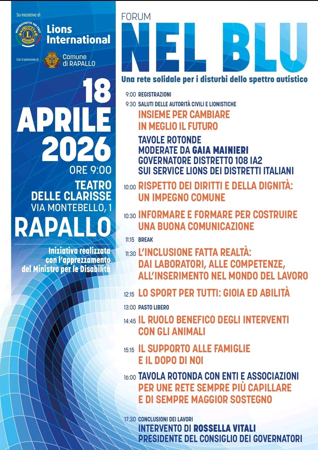 NEL BLU – 18 APRILE 2026 FORUM A RAPALLO UNA RETE SOLIDALE PER I DISTURBI DELLO SPETTRO AUTISTICO